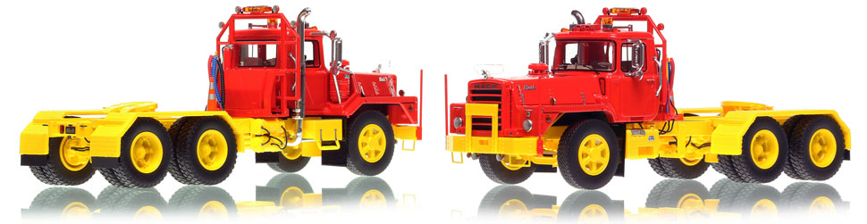 Mack DM 800 tandem axle tractor scale model in red over yellow is hand-crafted and intricately detailed.