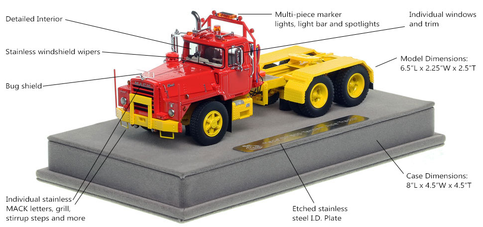 Features and specs of the Mack DM 800 tandem axle tractor scale model in red over yellow