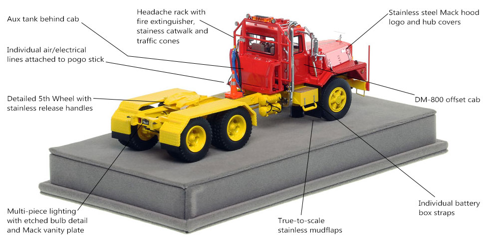 Specs and features of the Mack DM 800 tandem axle tractor scale model in red over yellow