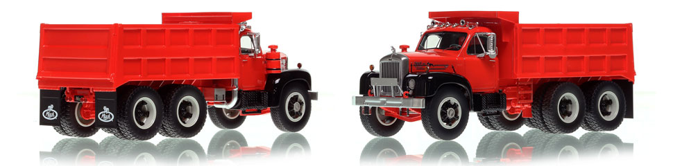 The first museum grade scale model of the Mack B61 tandem axle Dump Truck in red over black with black fenders