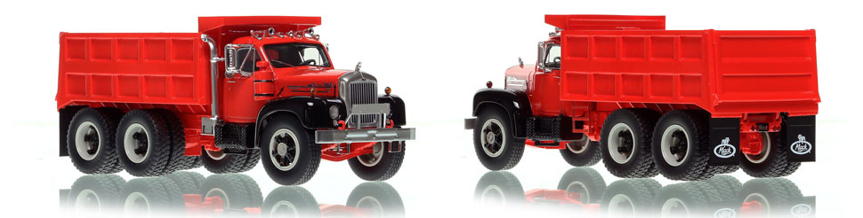 The Mack B61 Dump Truck in red over black is hand-crafted and intricately detailed.