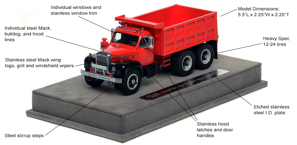Features and Specs of the Mack B61 tandem axle dump truck in red over black