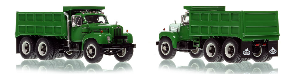 The first museum grade scale model of the Mack B61 tandem axle Dump Truck in green over black.