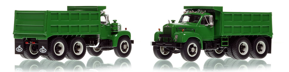 The Mack B61 Dump Truck in green over black is hand-crafted and intricately detailed.