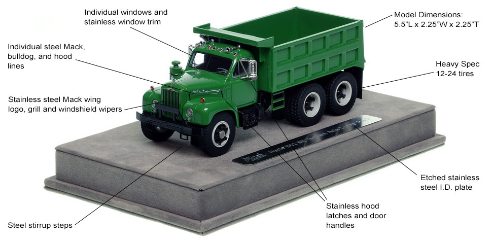 Features and Specs of the Mack B61 tandem axle dump truck in green over black