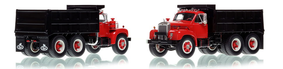 The first museum grade scale model of the Mack B61 tandem axle Dump Truck in red over black with black dump body