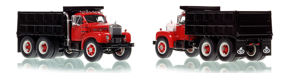 The Mack B61 Dump Truck in red over black with black dump body is hand-crafted and intricately detailed.