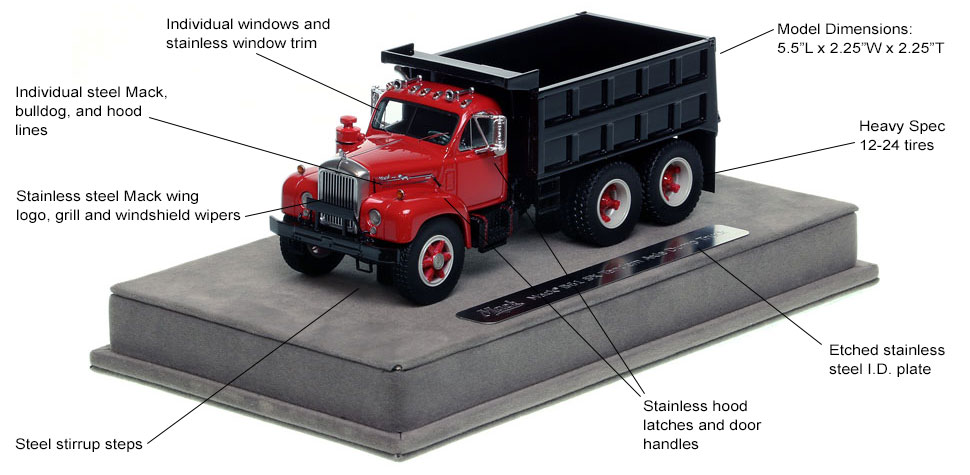 Features and Specs of the Mack B61 tandem axle dump truck in red over black with black dump body