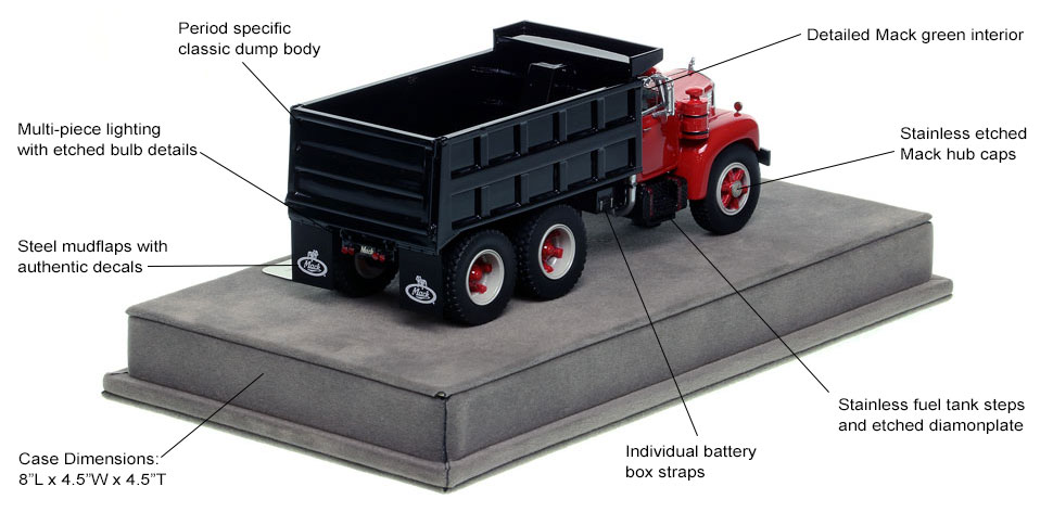 Specs and Features of the Mack B61 tandem axle dump truck in red over black with black dump body