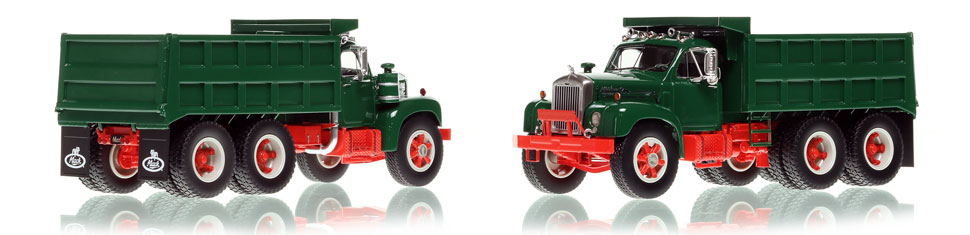 The Mack B61 Dump Truck in green over red is hand-crafted and intricately detailed.