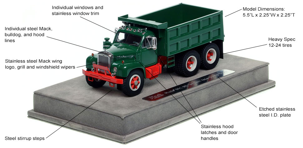 Features and Specs of the Mack B61 tandem axle dump truck in green over red