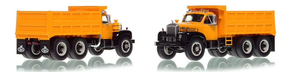 The first museum grade scale model of the Mack B61 tandem axle Dump Truck in yellow over black