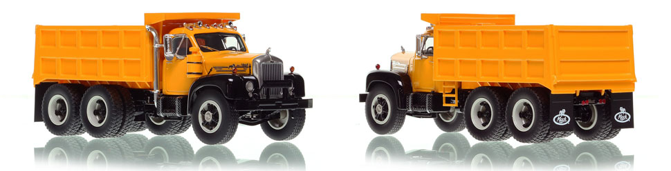 The Mack B61 Dump Truck in yellow over black is hand-crafted and intricately detailed.