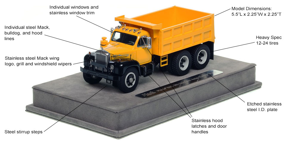 Features and Specs of the Mack B61 tandem axle dump truck in yellow over black