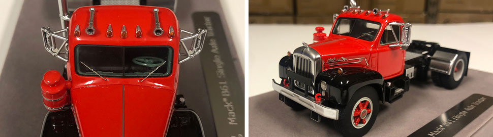 Closeup pictures 3-4 of the Mack B-61 scale model in red over black.