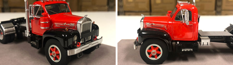 Closeup pictures 5-6 of the Mack B-61 scale model in red over black.