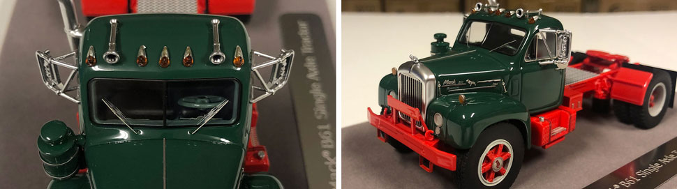 Closeup pictures 3-4 of the Mack B-61 scale model in green over red