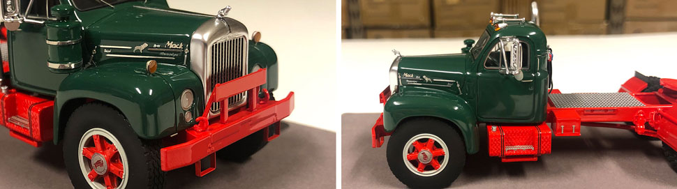 Closeup pictures 5-6 of the Mack B-61 scale model in green over red