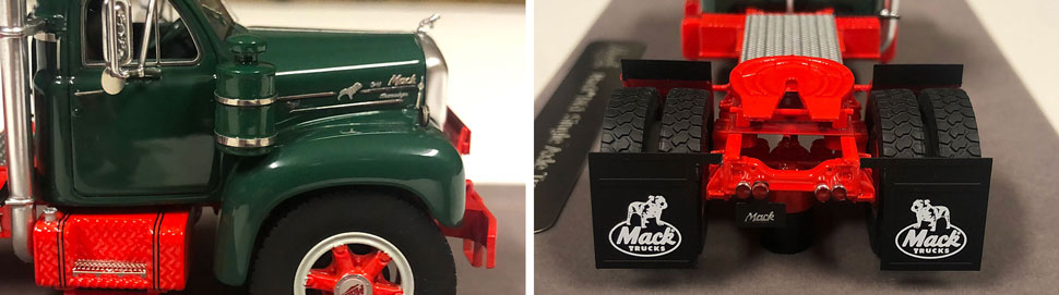 Closeup pictures 7-8 of the Mack B-61 scale model in green over red
