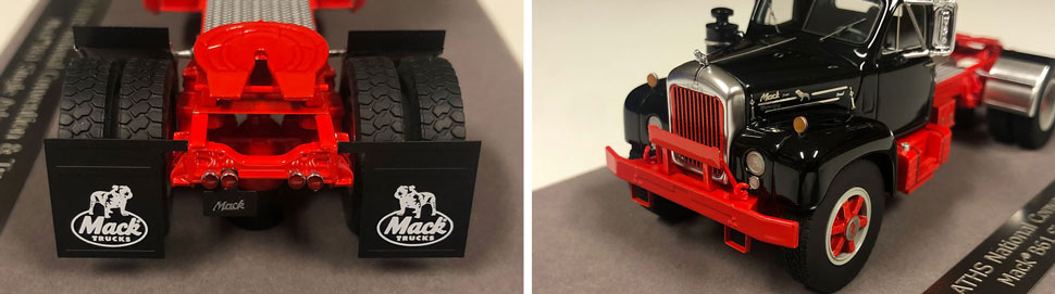 Closeup pictures 3-4 of the Mack B-61 scale model in black over red