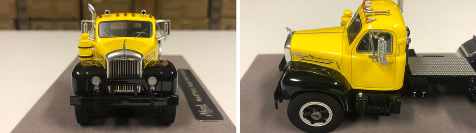 Closeup pictures 1-2 of the Mack B-61 scale model in yellow over black