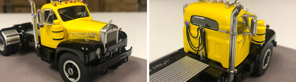 Closeup pictures 9-10 of the Mack B-61 scale model in yellow over black