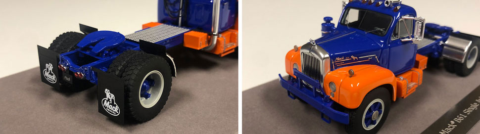 Closeup pictures 3-4 of the Mack B-61 scale model in blue and orange