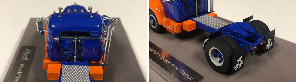 Closeup pictures 7-8 of the Mack B-61 scale model in blue and orange