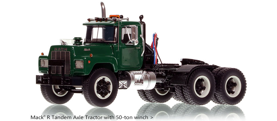 Order your Green over Black Mack R tandem axle scale model today!
