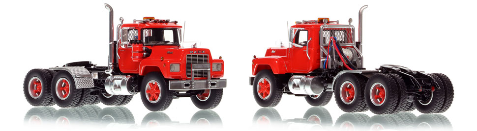 The first museum grade scale model of the Mack R tandem axle tractor in red over black