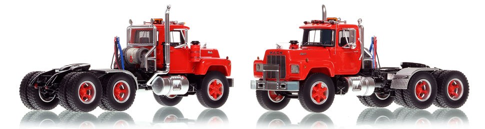 Mack R tandem axle tractor scale model in red over black is hand-crafted and intricately detailed.