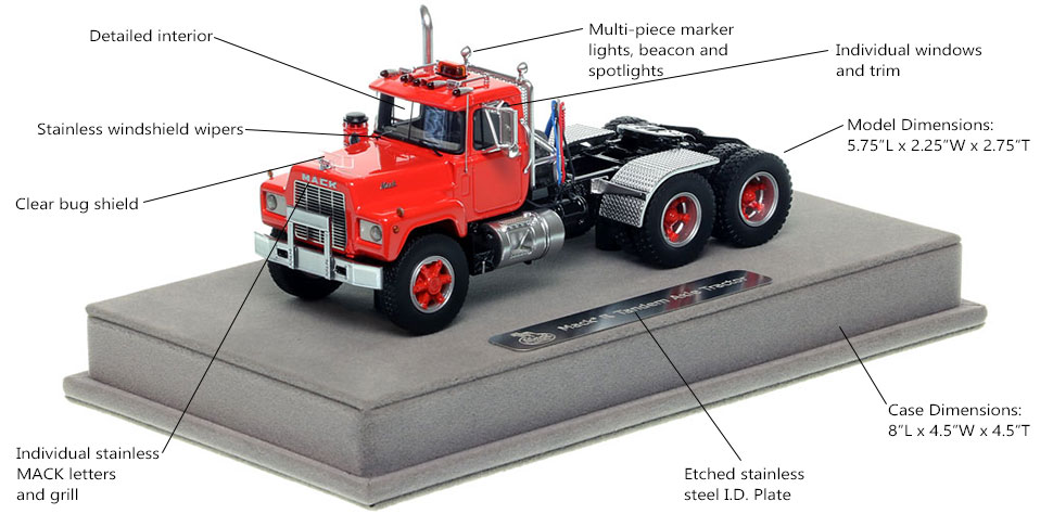 Features and Specs of the Mack R tandem axle tractor in red over black