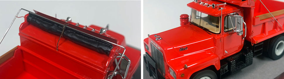 Closeup pictures 7-8 of the Mack R dump truck scale model in red over black.