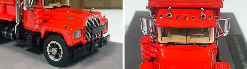 Closeup pictures 9-10 of the Mack R dump truck scale model in red over black.