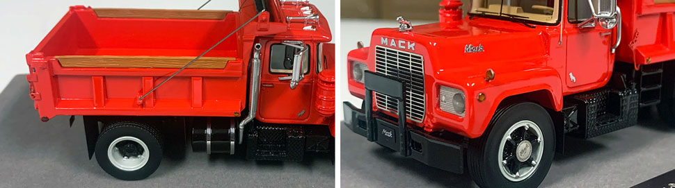 Closeup pictures 3-4 of the Mack R dump truck scale model in red over black.