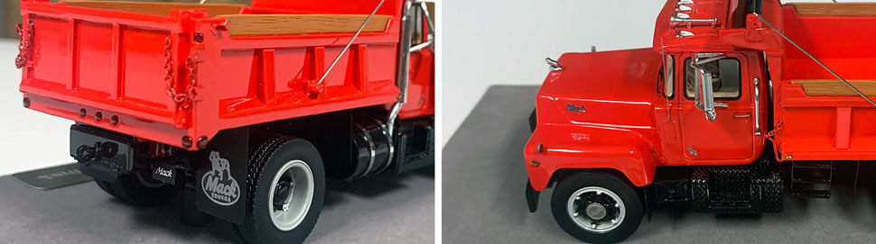 Closeup pictures 11-12 of the Mack R dump truck scale model in red over black.