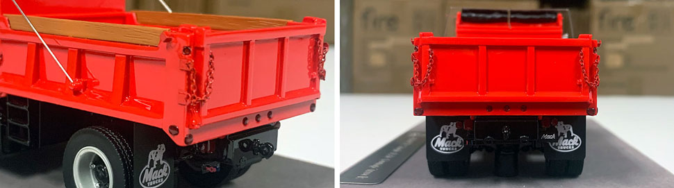 Closeup pictures 5-6 of the Mack R dump truck scale model in red over black.