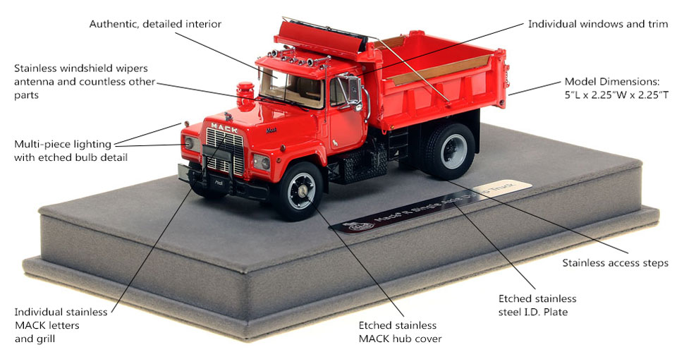 Features and Specs of the Mack R single axle dump truck scale model