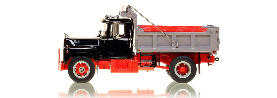The first museum grade scale model of the Mack R single axle dump truck in black over red with grey dump