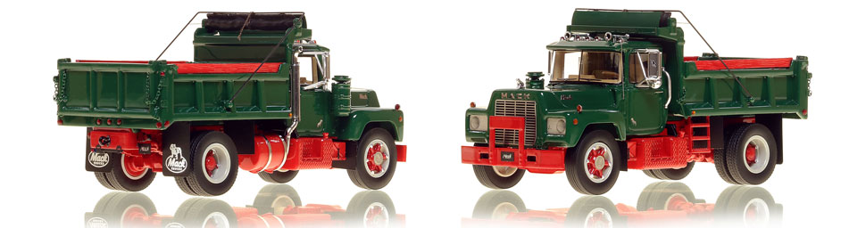 The first museum grade scale model of the Mack R single axle dump truck in green over red