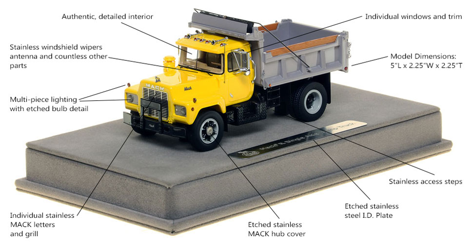 Features and Specs of the Mack R single axle dump truck scale model