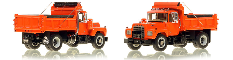 The first museum grade scale model of the Mack R single axle dump truck in orange over black.