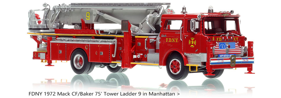 1:50 scale model of FDNY Mack CF Tower Ladder 9 in Manhattan