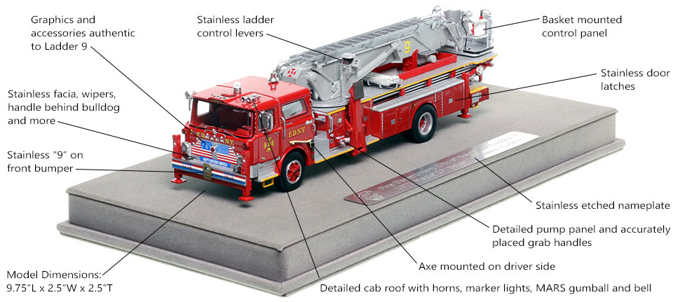 Features and Specs of FDNY's 1972 Mack CF/Baker Ladder 9 scale model
