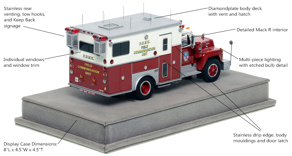 Specs and Features of FDNY Mack R-Saulsbury Field Communications scale model