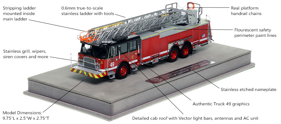 Features and Specs of Chicago's 2020 E-One 100' Truck 49 scale model