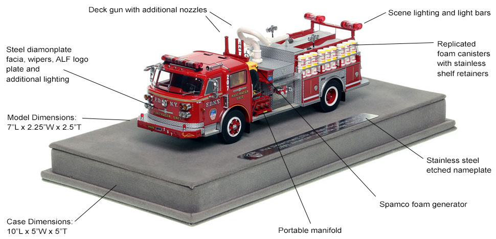 Features and Specs of FDNY American LaFrance Satellite Maxi-Water Unit scale model