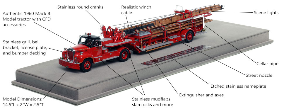 Features and specs of the Chicago 1960 Mack B Tractor with 1954 FWD 85' Aerial scale model