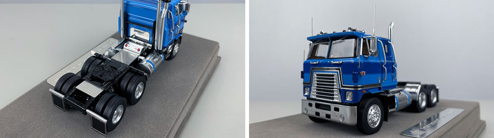 Closeup pictures 3-4 of the International 4070B Transtar II cabover tractor in blue over black