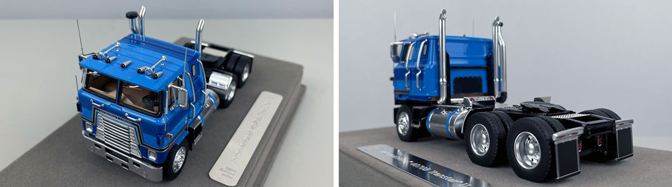 Closeup pictures 7-8 of the International 4070B Transtar II cabover tractor in blue over black